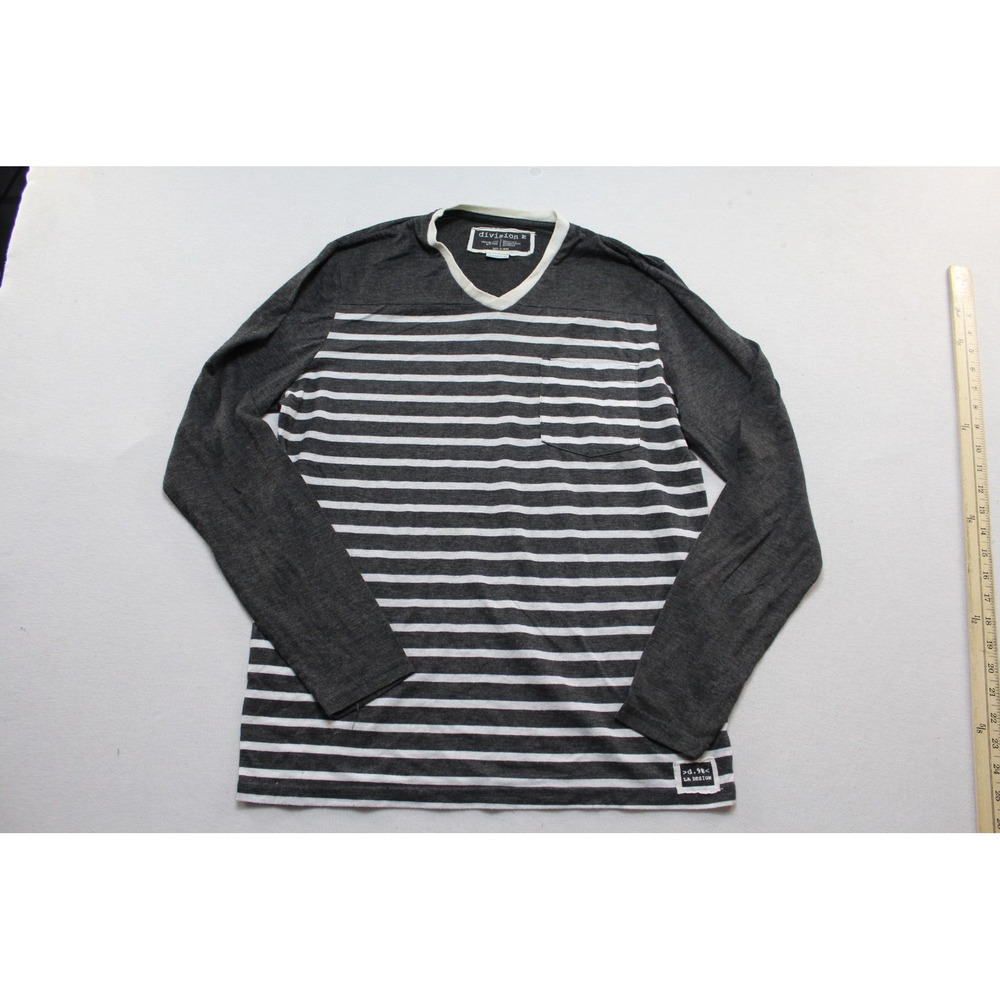 Division E Long Sleeve Top Women Medium Gray Excellent Striped V-Neck Pocket